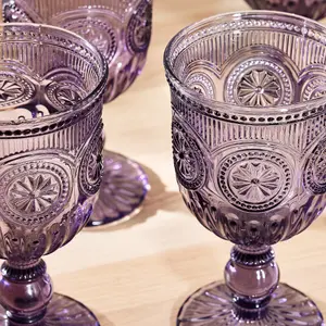 Set of 4 Vintage Luxury Purple & Blue Embossed Drinking Wine Glass Wine Goblets 290ml