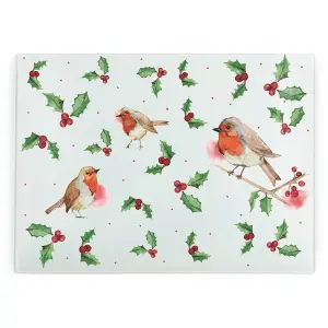 Purely Home Christmas Robins Glass Worktop Protector - Large Chopping/Cutting Board Gift