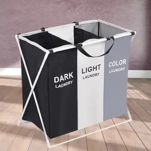 Large Laundry Hamper 3 Compartment Foldable Laundry Basket, Black, White, & Grey