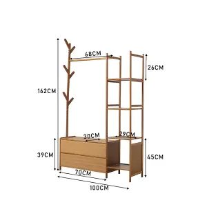 Bamboo Clothes Rail Clothing Hanging Stand Garment Rack with 2 Shoe Rack and 4 Shelves