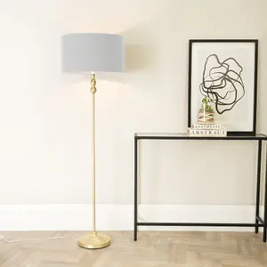 ValueLights Maggie Gold Metal Candlestick Floor Lamp with Grey Fabric Lamp Shade and LED Bulb