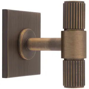 Reeded T Bar Cabinet Door Knob & Matching Backplate - Antique Brass 40 x 40mm