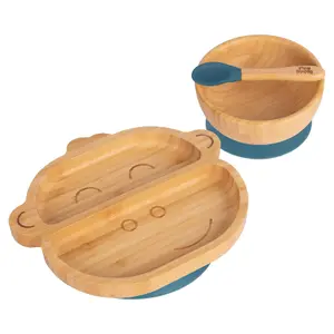 Tiny Dining 3pc Monkey Bamboo Suction Dinner Set - Navy Blue