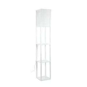 ValueLights Struttura Contemporary White Wooden Storage Shelf Floor Lamp with White Fabric Shade