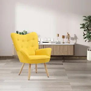 Yellow Linen Tufted Back Armchair with Plush Cushioning and Natural Rubberwood Legs