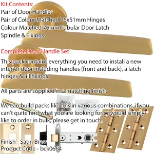 Door Handle & Latch Pack - Satin Brass - Smooth Flat Bar Lever On Round Rose