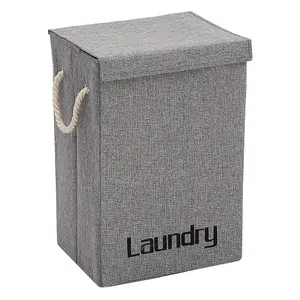 Grey Folding Linen Laundry Hamper Basket Clothes Storage Bin with Lid and Handles