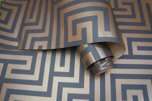 Holden Metallic Glistening Industrial Maze Geometric Geo Wallpaper Luxury Roll Navy Gold 12913