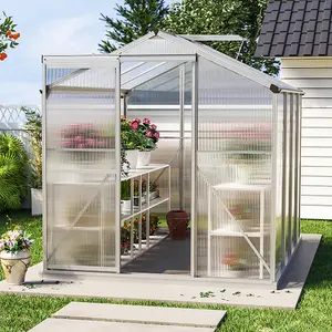 Polycarbonate Greenhouse Aluminium Frame Walk In Garden Green House with Base Foundation,Silver 8x6 ft