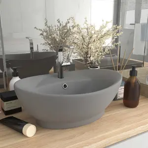 Belfry Bathroom Pearlene 390mm W Ceramic Oval Sink with Overflow Light Grey