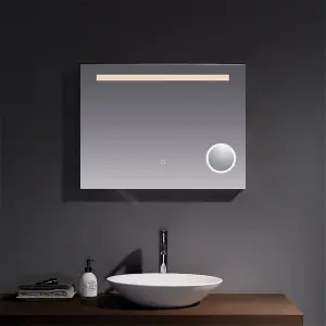 Bathroom Wall Mirror - Rectangular 800 x 600 mm - LED Light (3 Tone) - Anti Fog Demister - Magnifying Mirror