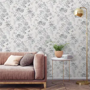 Gold Menagerie Cream & white Mica effect Floral Embossed Wallpaper Sample