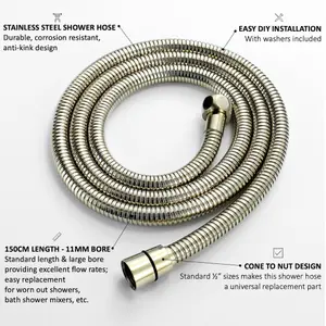 ENKI English Gold Flexi Stainless Steel Shower Hose Large Bore 1.5m