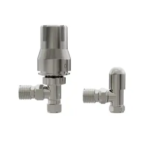 Rinse Bathrooms Angled Thermostatic Radiator Valve TRV + Lockshield 15mm Satin Nickel