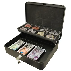 Ultimate Lockable 12" Cash Box - Steel Money Organiser with Note Compartments & 8 Section Coin Tray - H9 x W30 x D24cm, Black