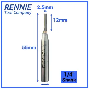 Rennie Tools - 2.5mm Cutting Diameter x 12mm Flute x 1/4" Shank TCT Tipped 2 Flute Straight Router Cutter Bit. 2.5mm Router Bit