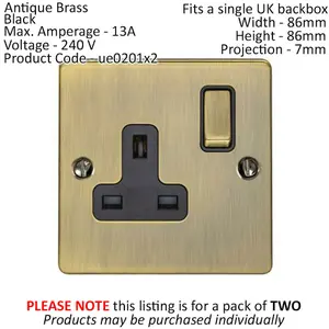 2 PACK 1 Gang Single UK Plug Socket ANTIQUE BRASS 13A Switched Power Outlet