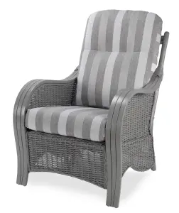 Desser Turin Grey Rattan Conservatory Armchair Real Cane Natural Rattan Indoor Chair w/ UK Sewn Cushion in Duke Grey Stripe Fabric