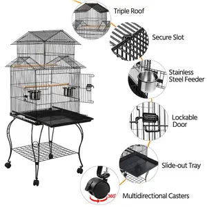 Yaheetech Black Triple Roof Rolling Bird Cage Metal Parrot Cage with Detachable Stand