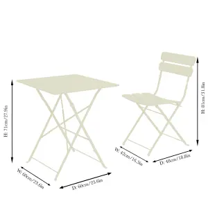 Cream 3pc Metal Square 2 Seater Folding Patio Set Indoor Furniture Dining Table & Chairs Set Bistro Set