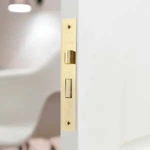 EAI Bathroom Lock 80mm / 57mm Backset PVD BRASS for Internal Wooden Bathrooms Accepts 5mm Square Spindle CE UKCA & Fire Door App