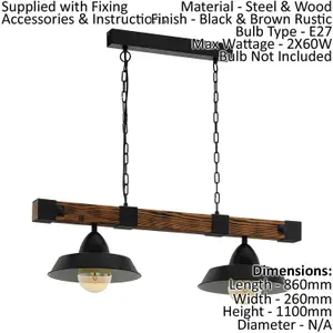 Hanging Ceiling Pendant Light Black & Rustic Wood 2 Bulb Kitchen Island Dining