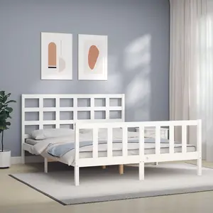 Berkfield Bed Frame with Headboard White King Size Solid Wood