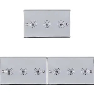 3 PACK 3 Gang Triple Retro Toggle Light Switch POLISHED CHROME 10A 2 Way Plate