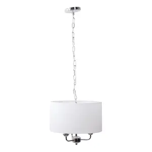 First Choice Lighting Pair of 3 Light Chrome Pendant Chandelier with Light Cream Fabric Shade