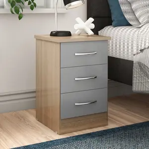 Cascio 3 Drawer Bedside Table Grey Gloss/Light Oak Effect Veneer