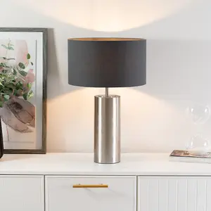 ValueLights Lexy Brushed Chrome Touch Table Lamp with Charcoal Grey Drum Shade