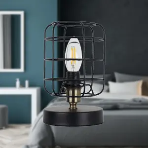 First Choice Lighting Set of 2 Cage Black and Antique Brass Industrial Style Table Lamps