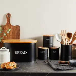 VonShef Bread Bin with Bamboo Lid for Cutting/Chopping Bread Board - Matte Black Bread storage box - Bread Holder Tin for Kitchen