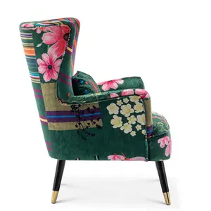 Fabric Green Patchwork Victoria Accent Wingback Chair with Footstool