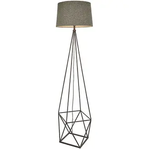 Geometric Cage Floor Lamp Aged Copper & Grey Fabric Shade 1750mm Tall Standing