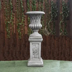 Large Stone Cast Garden Vase and Plinth with Flower Design