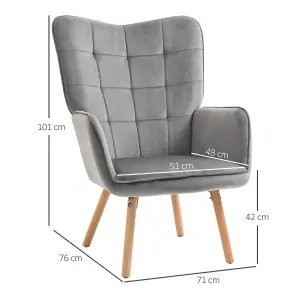 HOMCOM Accent Chair Velvet-Touch Tufted Wingback Armchair, Grey