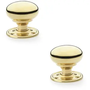 2 PACK - SOLID BRASS Mortice Smooth Mushroom Door Knob - Polished Brass 51mm Diameter