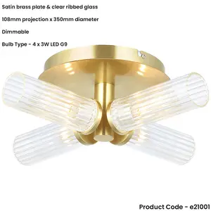 Semi Flush Ceiling Light & 2x Matching Wall Lights - Satin Brass Clear Ribbed Cylinder Shades