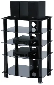 Centurion Supports Galago 5-Shelf Premium Black Glass with Black Legs AV Rack