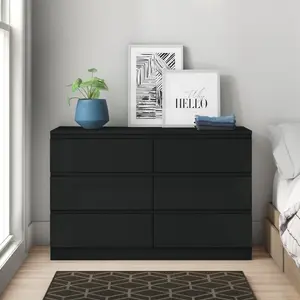 Carlton 6 Drawer Double Dresser - 3+3 Configuration, Scratch-Resistant, Handleless Design, Matte Finish. 12cm Deep Drawers Matt Black