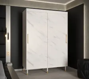 Bergen Contemporary 2 Sliding Door Wardrobe Gold Handles Marble Effect 5 Shelves 2 Rails White (H)2080mm (W)1500mm (D)620mm