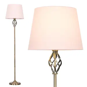 ValueLights Memphis Traditional Style Antique Brass Barley Twist Floor Lamp with Pink Light Shade