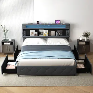 COSTWAY King Size Bed Frame LED Lighted  Platform Bed w/ 4 Drawers & Storage Headboard