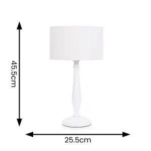 ValueLights Victoria Traditional White Wood Candlestick Table Lamp with White Drum Shade - LED Bulb Included