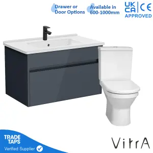 VitrA 800mm Wall Hung Bathroom Vanity Unit with 1 Drawer Includes Basin, Black Tap and Close Coupled Toilet Set - Grey Gloss