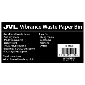 JVL Quality Vibrance Black Lightweight Plastic Waste Paper Basket Bin