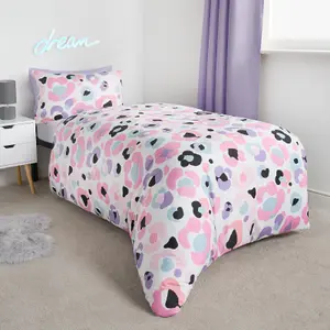 Leopard Reversible Duvet Cover Set Quilt Pillowcases Bedding, Pink - Single