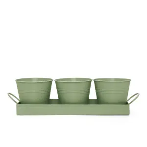 Set of 3 - Indoor Metal Plant Pots and Stand Tray - SAGE GREEN