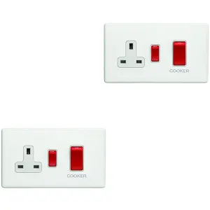 2 PACK 45A DP Oven Cooker Switch & 13A Switched Socket SCREWLESS MATT WHITE